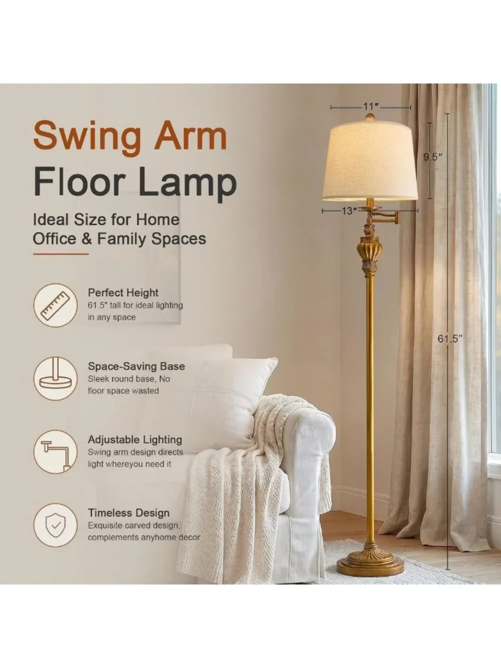 Vintage Adjustable Floor Lamp with 350° Swing Arm, 61